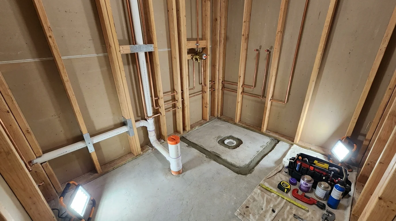 Bathroom rough-in plumbing during remodel by Johns Plumbing LLC in Braddock Heights