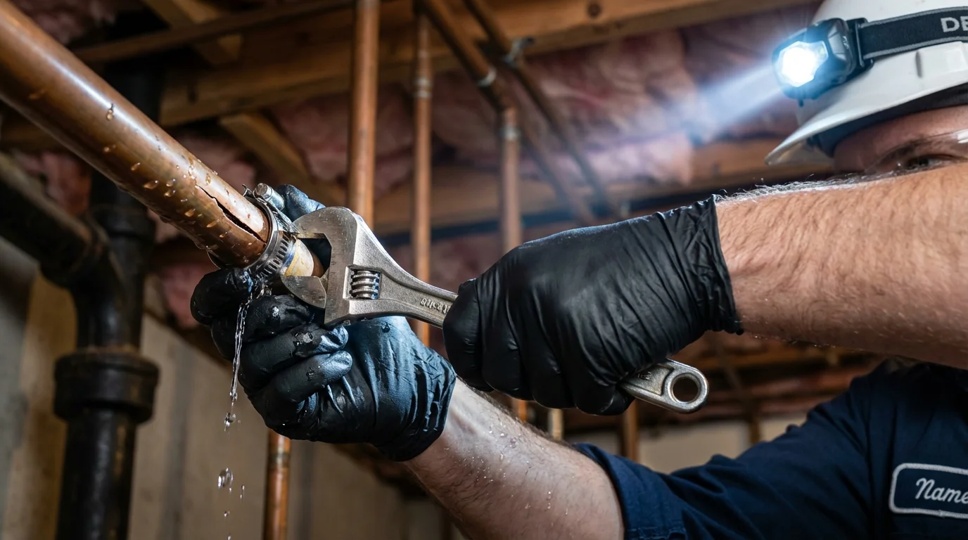 Emergency pipe clamp repair being performed by a Johns Plumbing LLC plumber in Braddock Heights