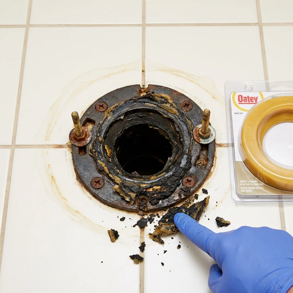 Failed wax ring showing water seepage at the base of a toilet in a Braddock Heights, MD home