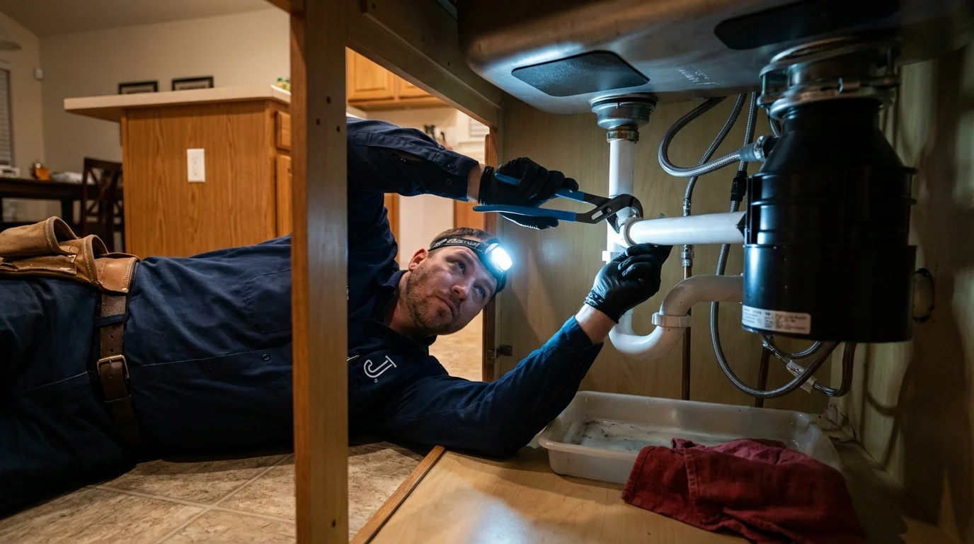 P-trap and supply line connections under a kitchen sink showing a common leak point in Braddock Heights, MD